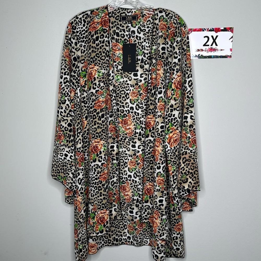 L&B 2X Leopard Print Kimono with Floral Rose Accents